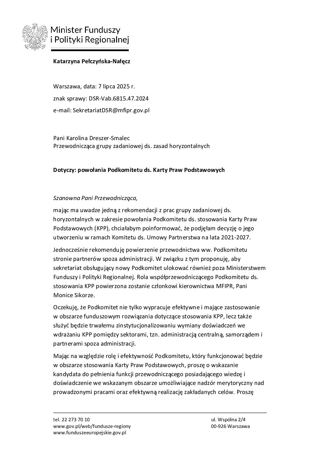 Pismo w sprawie powołania Podkomitetu 
